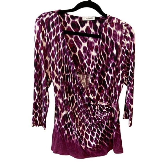 Calvin Klein Women's Mock Wrap Top Blouse Size L Purple Design Stretch Body con - Picture 7 of 10